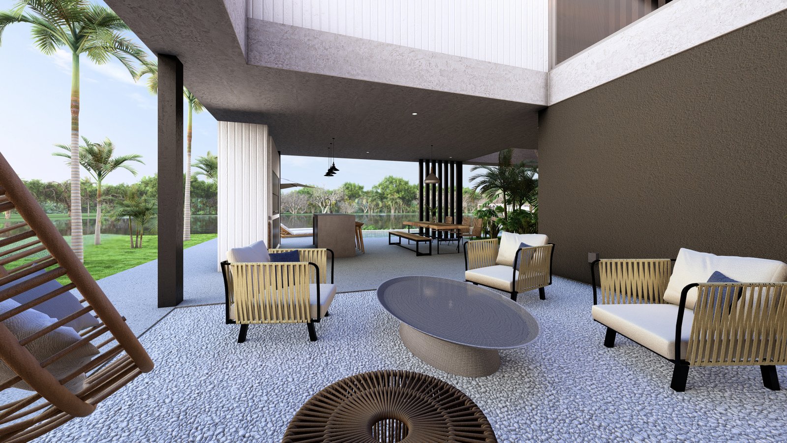 Terraza moderna con muebles de mimbre y piso de grava — proyecto Casa TL, por Hermann Arquitectos, en J95J+2C